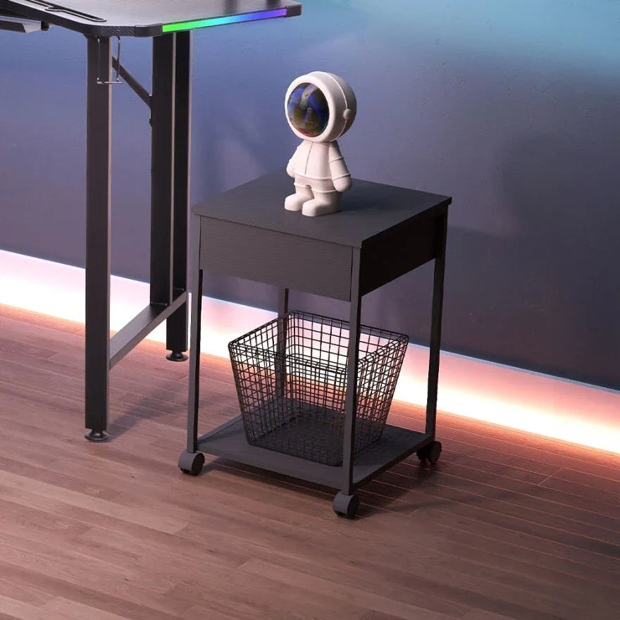 LURA side table with black metal frame, dark MDF top, and lower wire basket shelf