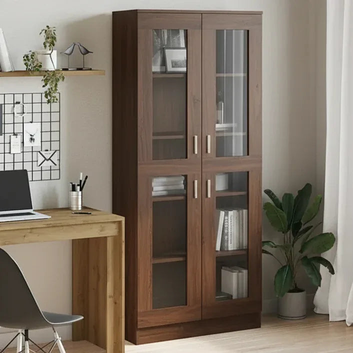 Brown MDF bookcase with glass doors and open shelves for books