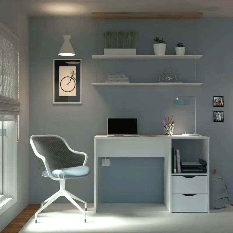 White MDF desk with open shelves and drawer, 120x50x75cm