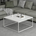 Square coffee table with white MDF top and white metal base, 100×100×42 cm