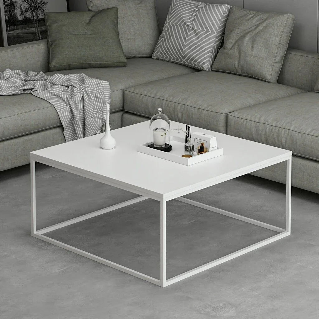 Square coffee table with white MDF top and white metal base, 100×100×42 cm