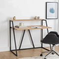 NOAH desk with light wood top, black metal frame, and open lower shelf.
