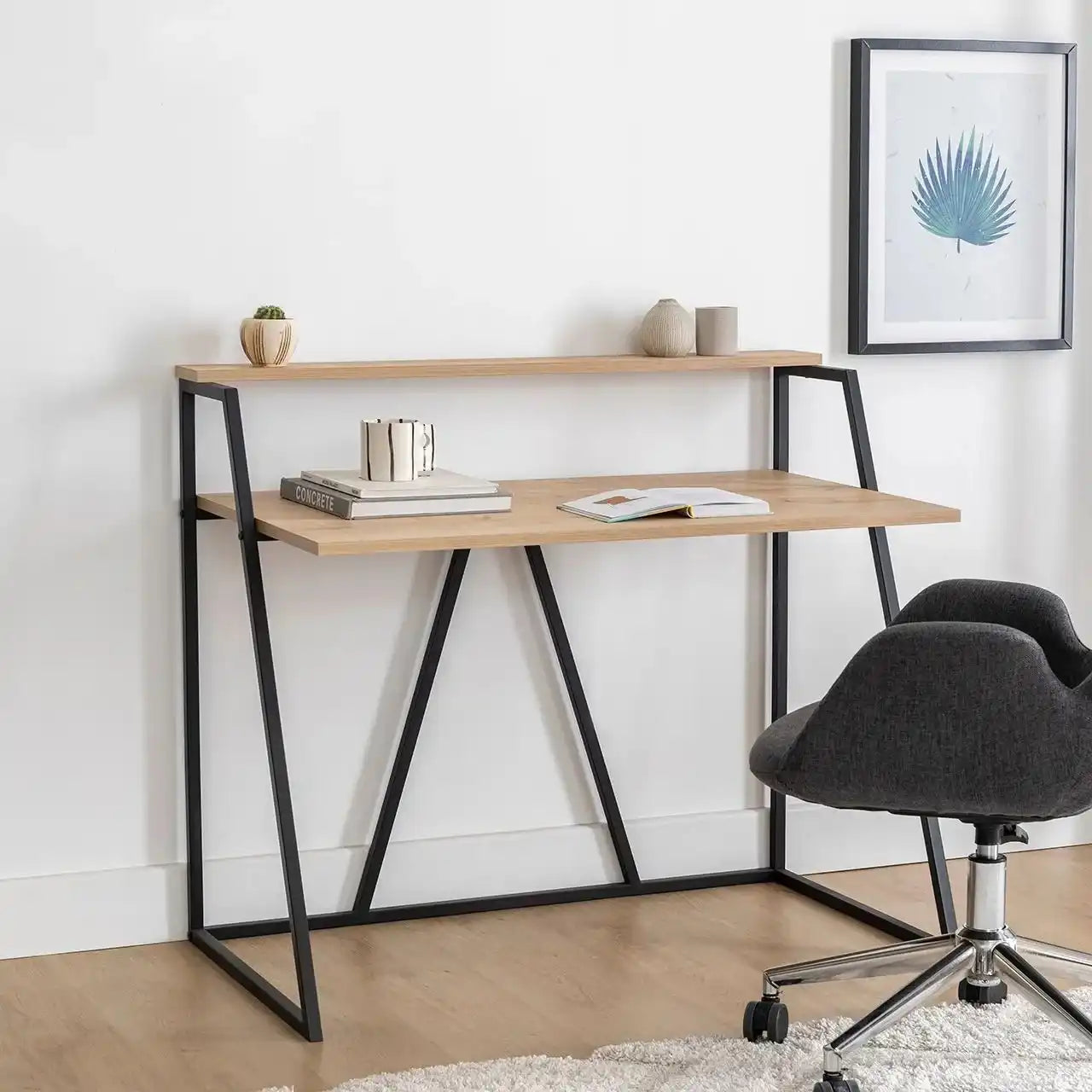 NOAH desk with light wood top, black metal frame, and open lower shelf.
