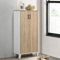 Charlotte shoe cabinet with two doors, light oak finish, black handles, standing legs