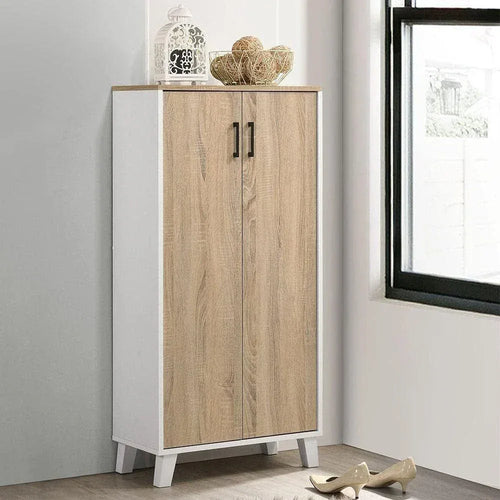 Charlotte shoe cabinet with two doors, light oak finish, black handles, standing legs