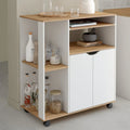 Coffee corner cabinet with oak-effect top, white doors, open shelves, and wheels