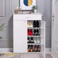 White MDF shoe cabinet with open shelves and rows of assorted shoes
