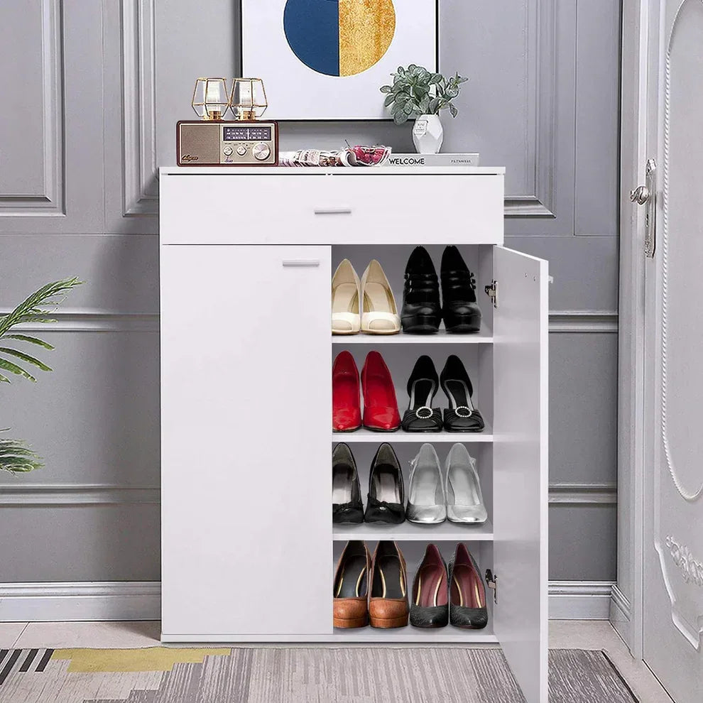 White MDF shoe cabinet with open shelves and rows of assorted shoes