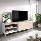 Light wood MDF TV console with drawer and open shelves, 155x43x47cm