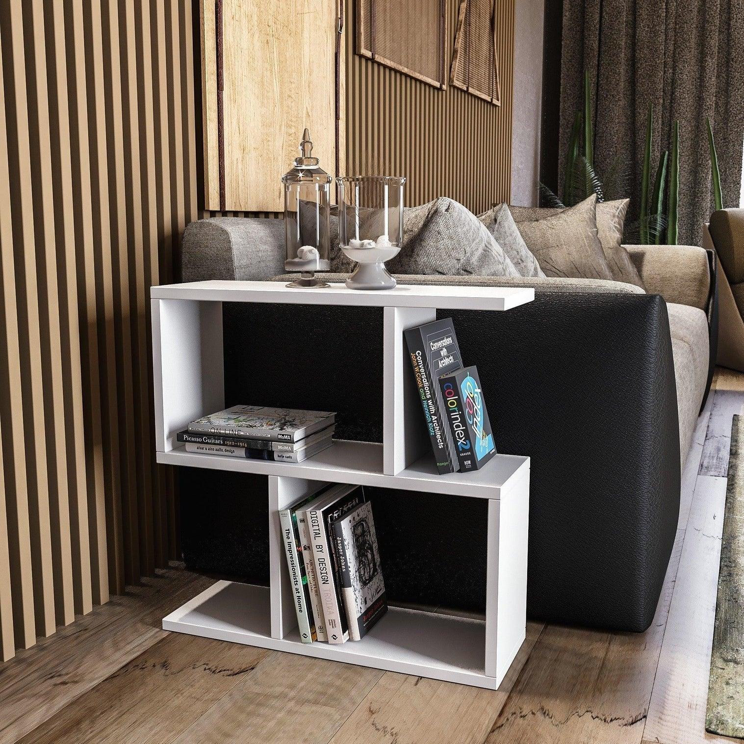 White MDF side table with 3 open shelves, compact 60x20x60 cm