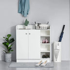 White shoe cabinet with doors and open shelves for storing shoes and accessories