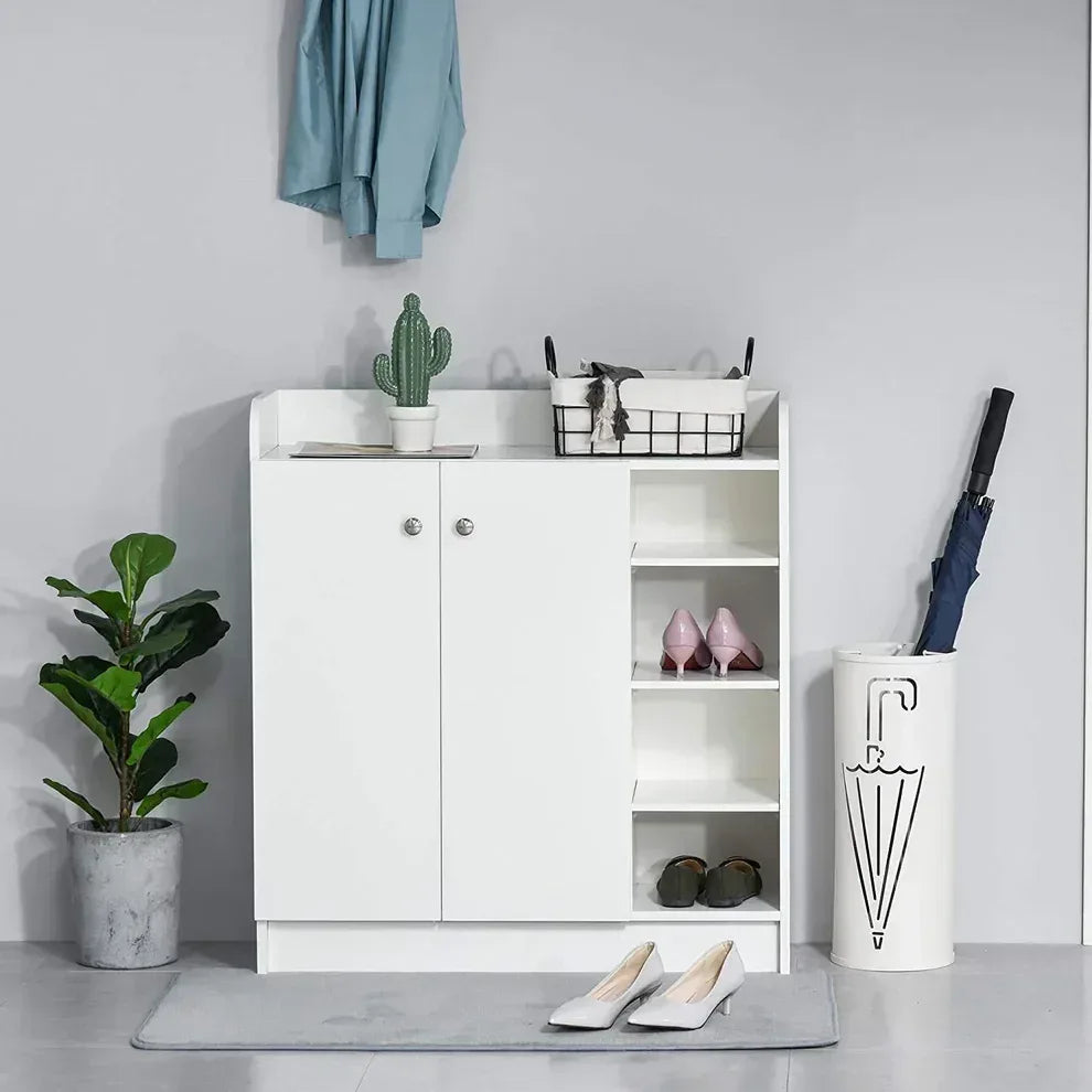 White shoe cabinet with doors and open shelves for storing shoes and accessories