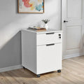 White drawer unit with two drawers, lock, and casters for mobility