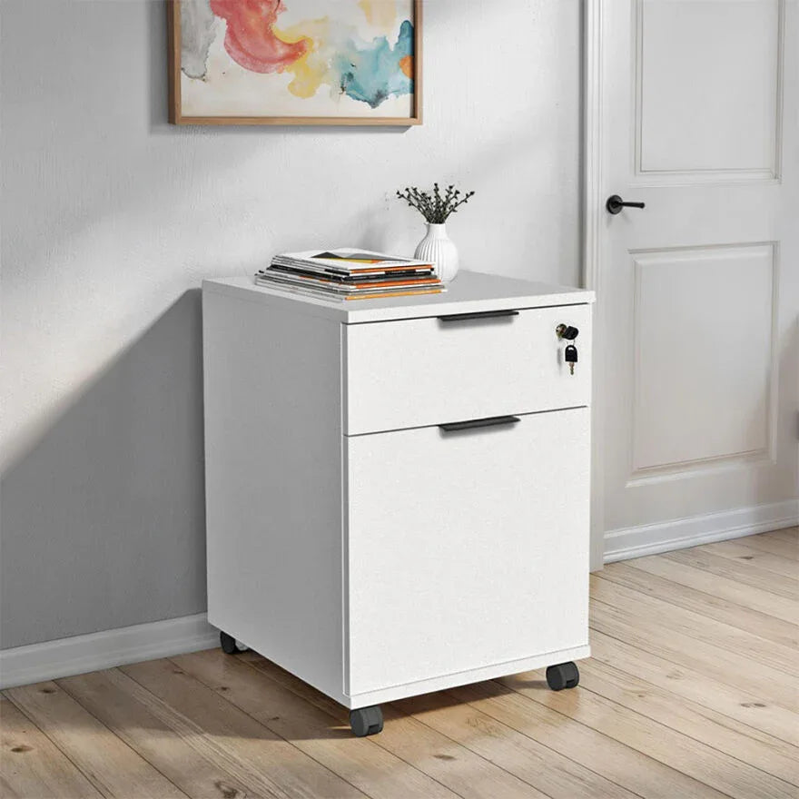 White drawer unit with two drawers, lock, and casters for mobility