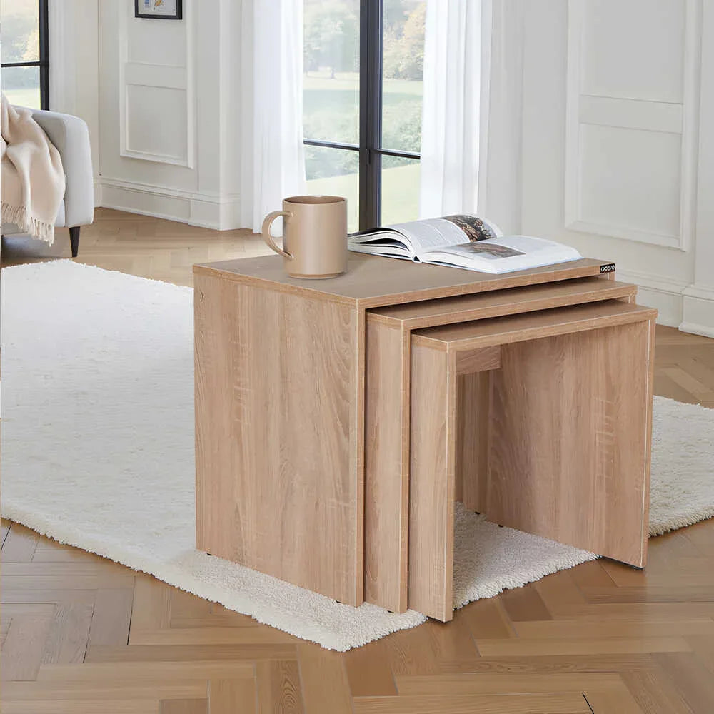 Light oak MDF side table with lower shelf, square top, corner posts