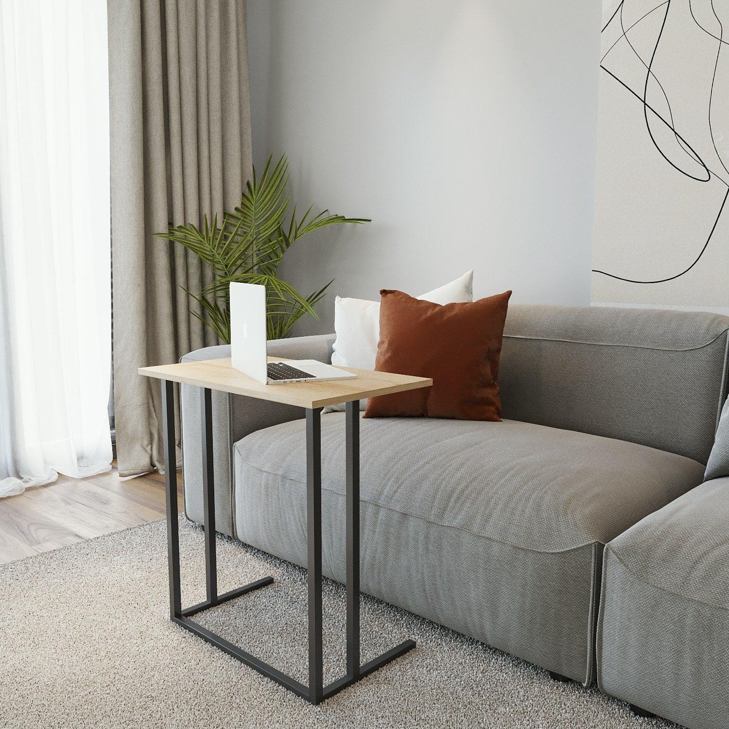 JANE side table with light MDF top and black metal frame, 60x40x72cm