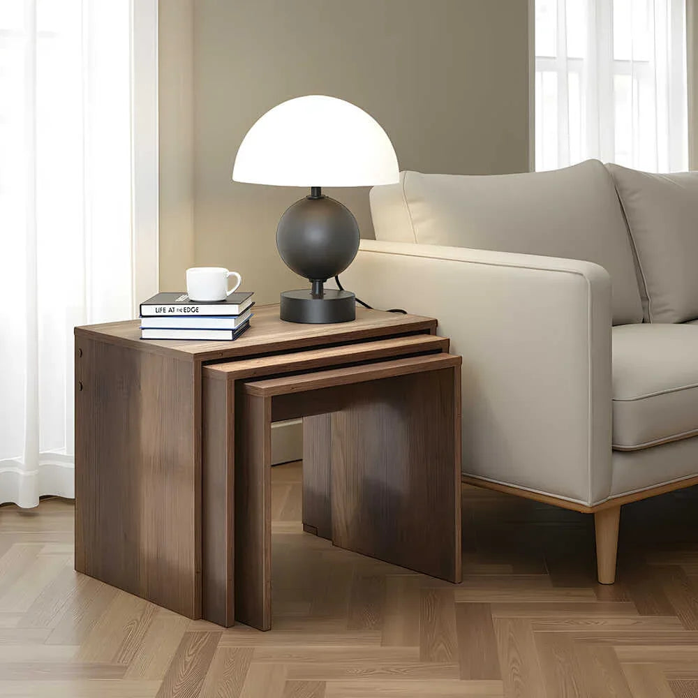 MDF nesting side tables set of 3, rectangular tops and open shelf design
