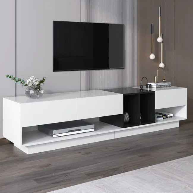 White MDF TV console with black open shelves and two cabinet doors