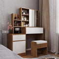 MDF dressing table with mirrored shelves, two drawers, and matching wooden stool