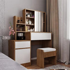 MDF dressing table with mirrored shelves, two drawers, and matching wooden stool