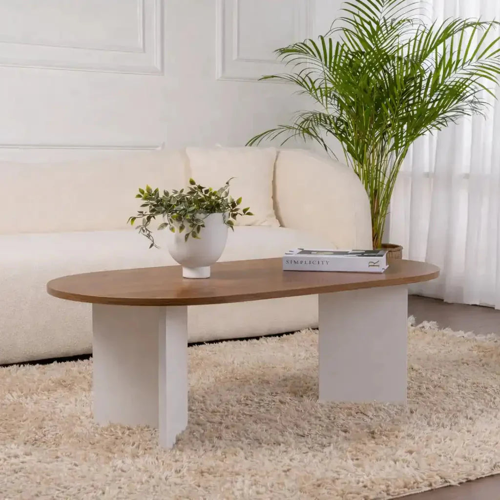 IRENE MDF coffee table with round wood top and white legs, 119x60x40 cm.