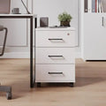 White MDF drawer unit with 3 drawers, black bar handles, on rolling casters
