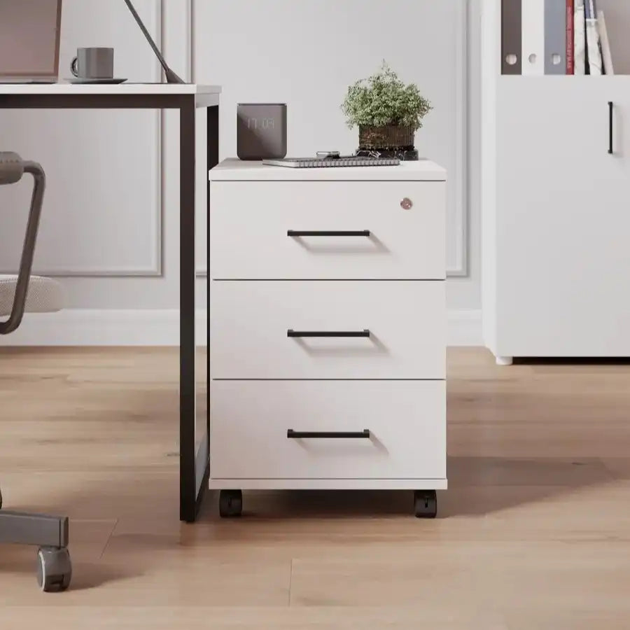 White MDF drawer unit with 3 drawers, black bar handles, on rolling casters