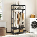 Clothes stand with black metal frame and MDF shelves, hanging rails and side racks