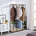 Clothes stand with dark metal frame and MDF shelves, hanging shirts and jackets