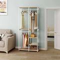 Clothes stand with white metal frame, two hanging bars, MDF shelves for folded items