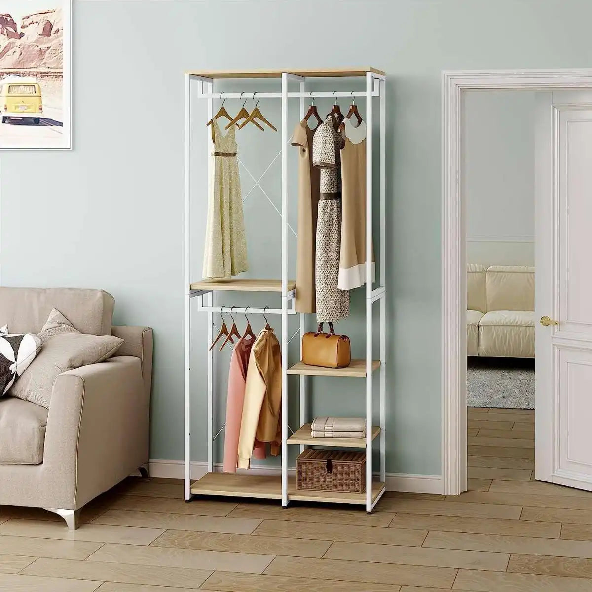 Clothes stand with white metal frame, two hanging bars, MDF shelves for folded items