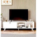 White MDF TV table with two drawers and open shelves, slim legs, for 140cm TVs
