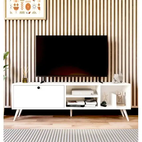 White MDF TV table with two drawers and open shelves, slim legs, for 140cm TVs