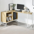 L-shape desk, light wood top, white metal legs, open side shelves