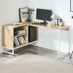 L-shape desk, light wood top, white metal legs, open side shelves