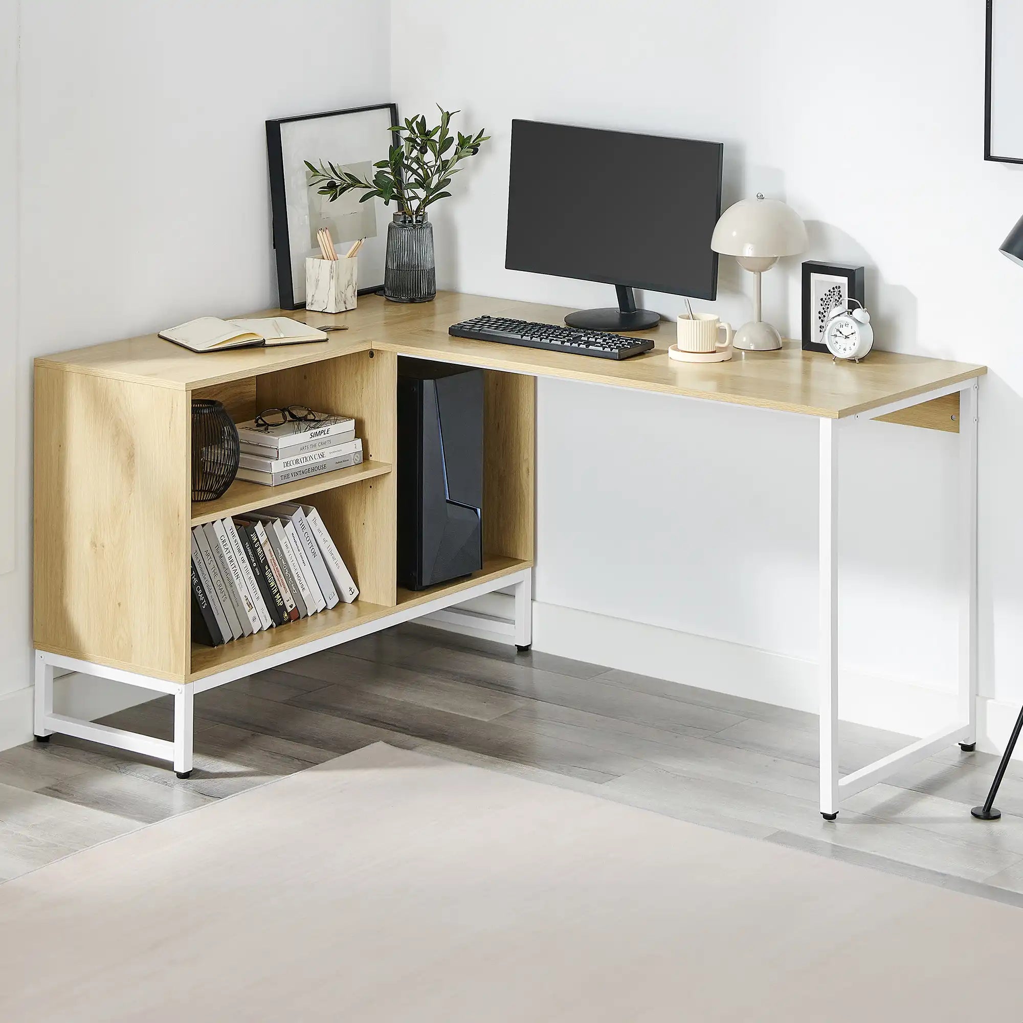 L-shape desk, light wood top, white metal legs, open side shelves