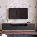 Dark MDF TV table with light oak top, center media shelf and side cabinets