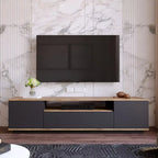 Dark MDF TV table with light oak top, center media shelf and side cabinets