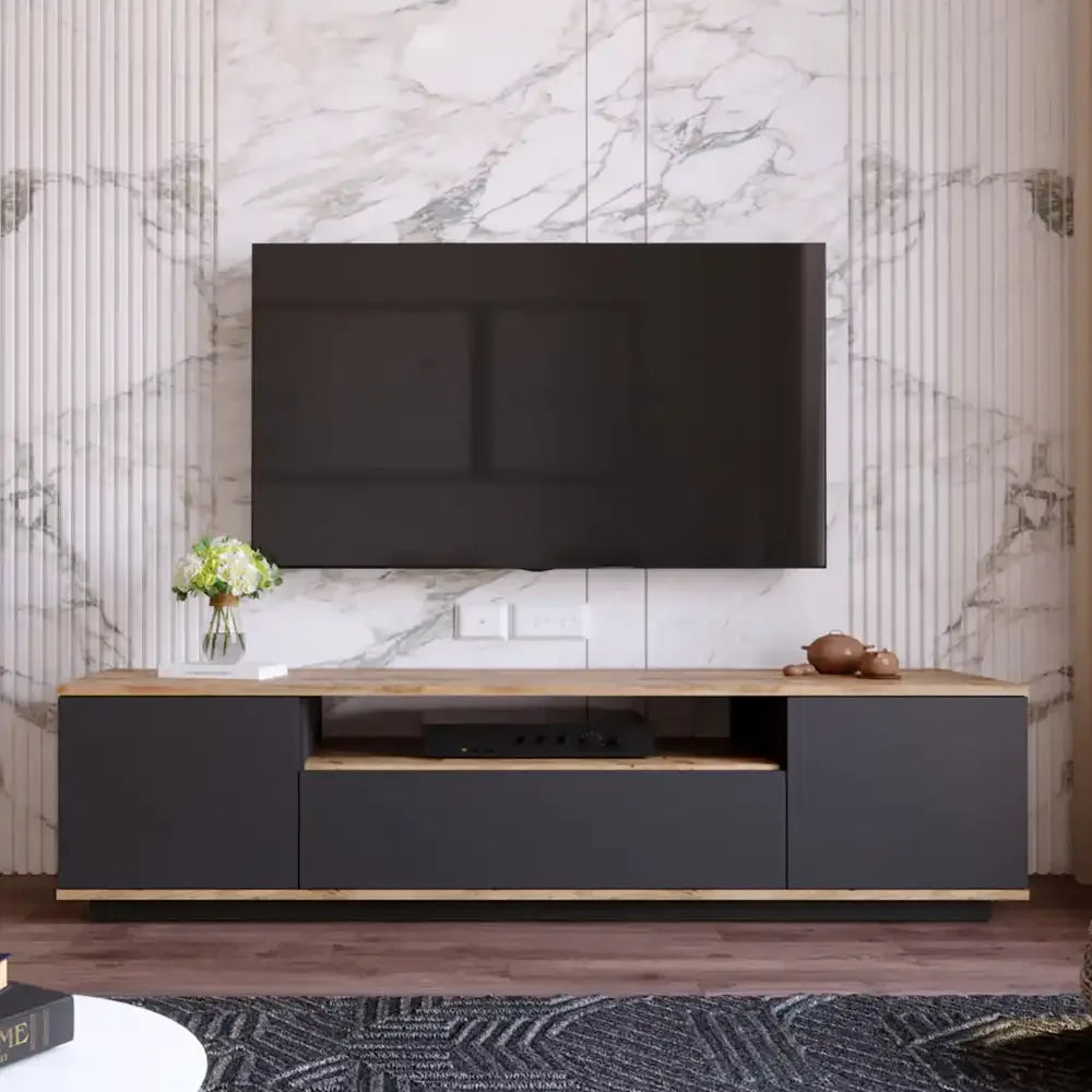 Dark MDF TV table with light oak top, center media shelf and side cabinets