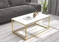 Coffee table with white MDF top and gold metal frame, 100x60x43cm, lower shelf