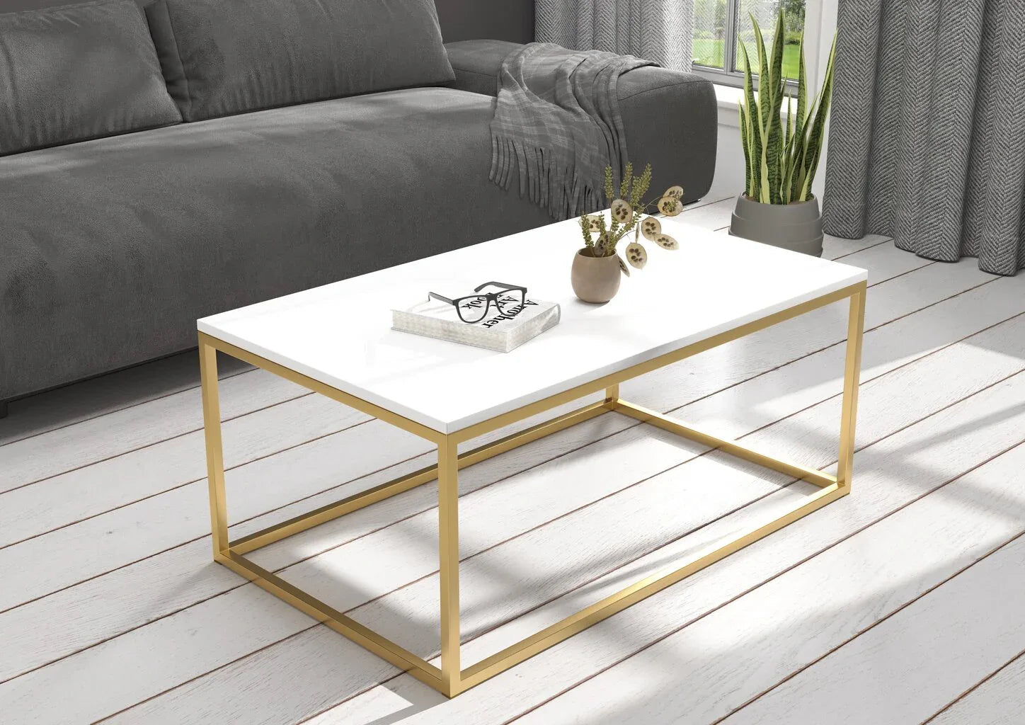 Coffee table with white MDF top and gold metal frame, 100x60x43cm, lower shelf
