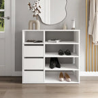 White MDF shoe rack with flip drawers and open shelves for storing shoes