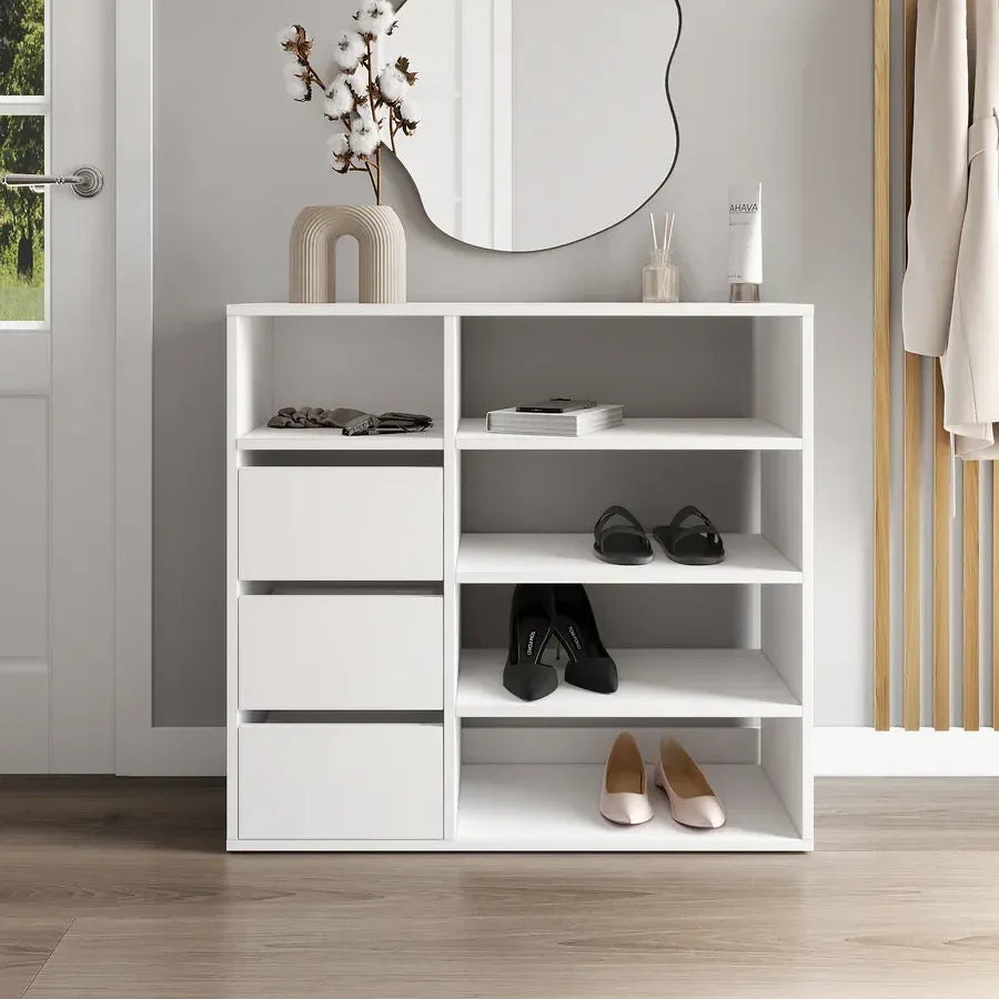 White MDF shoe rack with flip drawers and open shelves for storing shoes