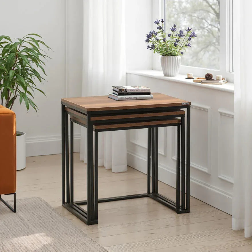 Alice side table with dark metal frame and wood top, square end table