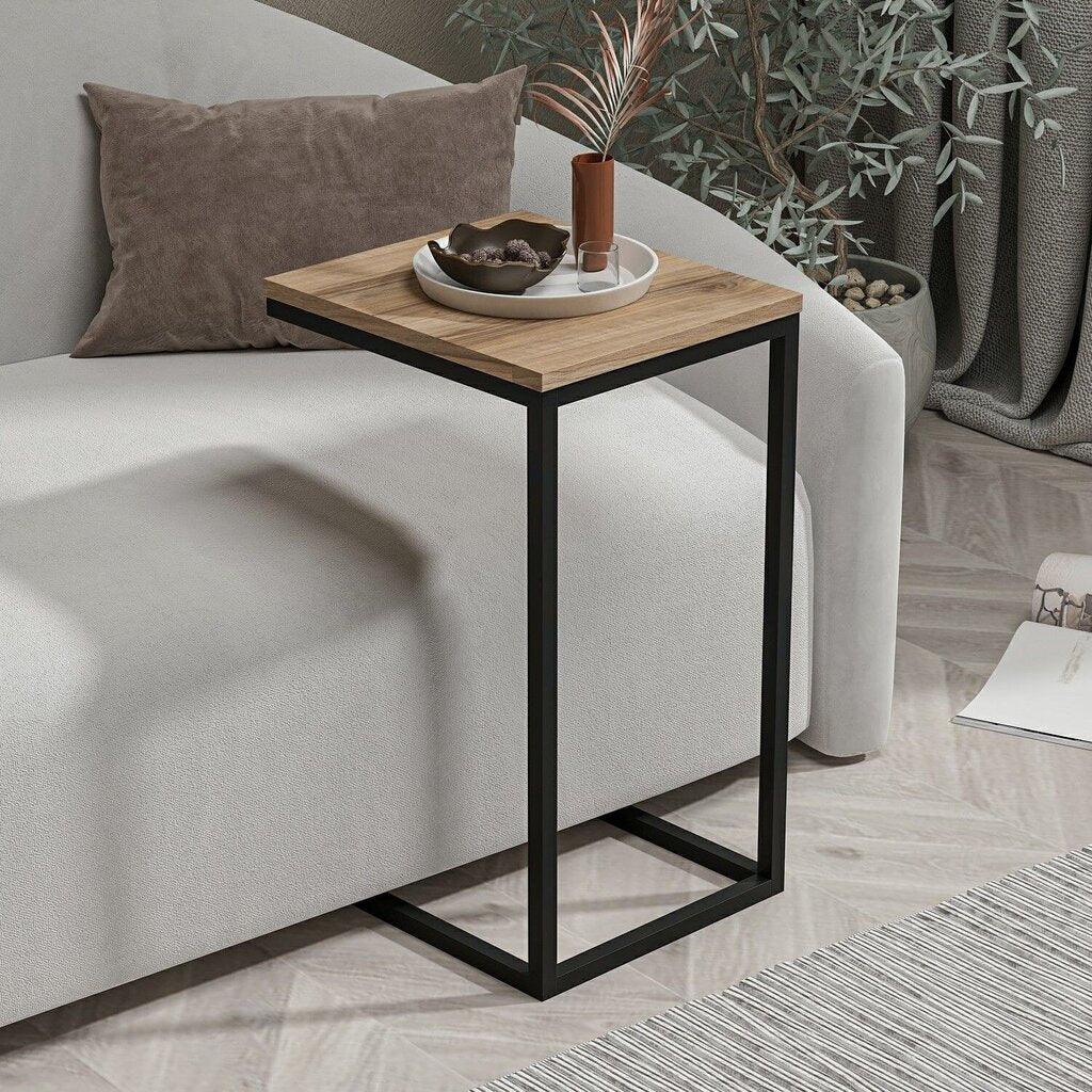 Square side table with light wood top and black metal frame, open legs under