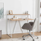 Light wood tabletop desk with white metal legs and open shelf under
