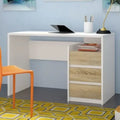 White MDF desk with open side storage cabinet and wide tabletop