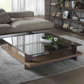 Square MDF coffee table with dark frame, clear glass top, open lower shelf