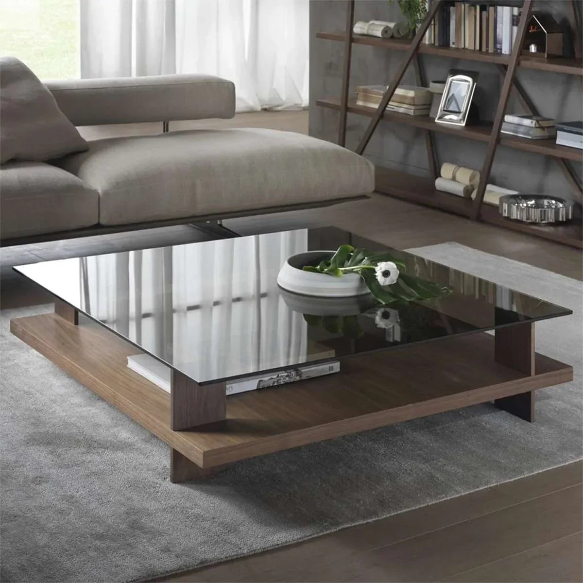 Square MDF coffee table with dark frame, clear glass top, open lower shelf