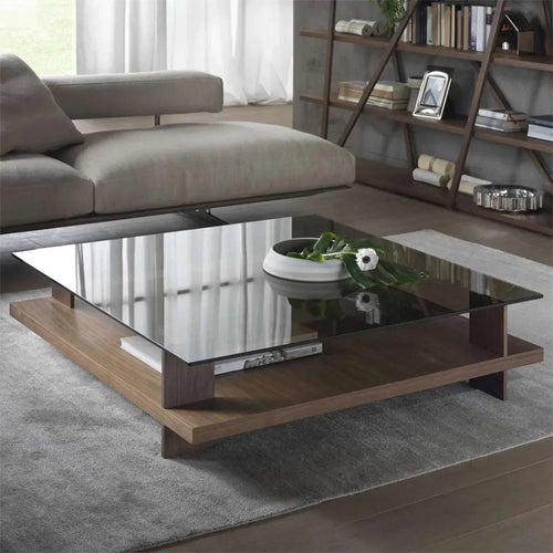 Square MDF coffee table with dark frame, clear glass top, open lower shelf